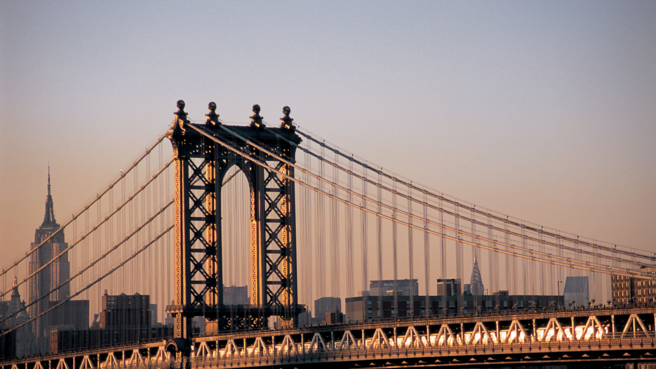 布鲁克林大桥, 曼哈顿大桥, 有线桥, 里程碑, 城市 壁纸 1280x720 允许