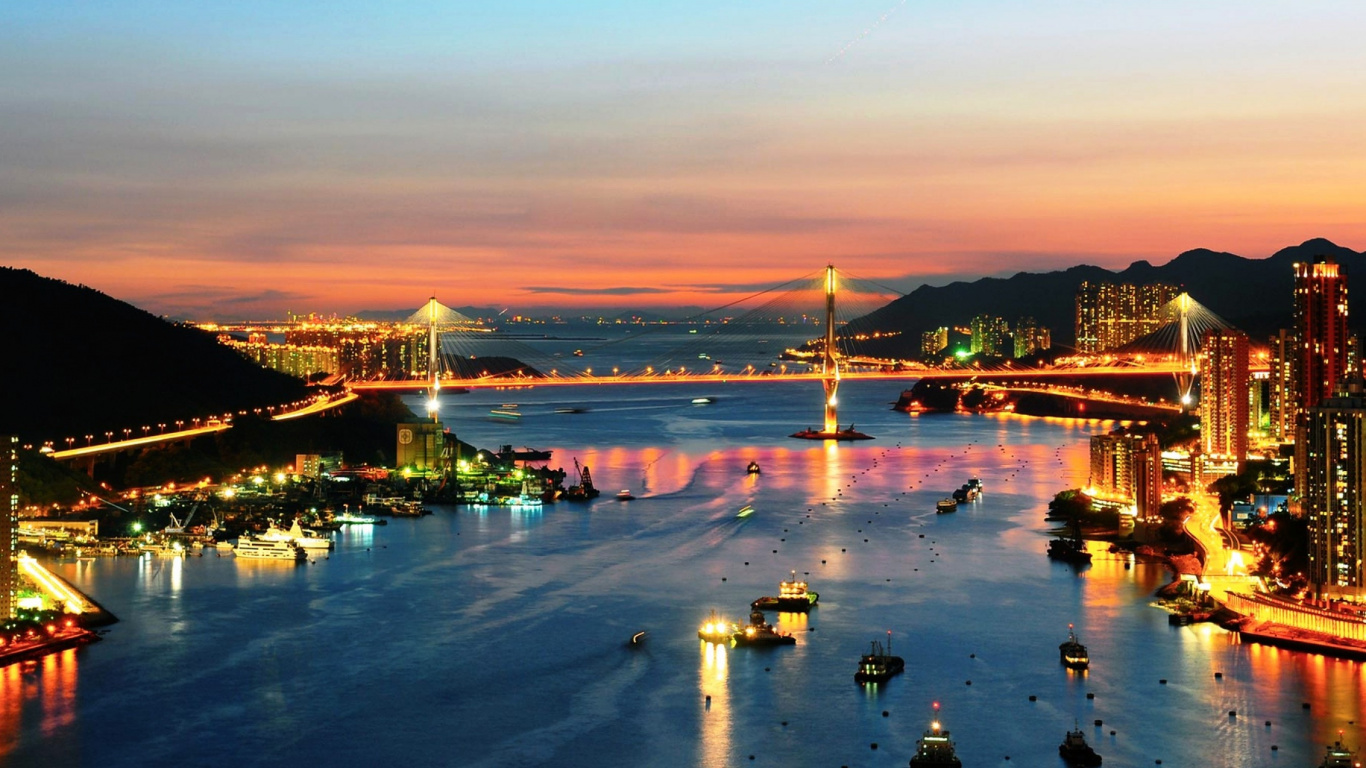 旧金山, 晚上, 反射, 城市, 日落 壁纸 1366x768 允许