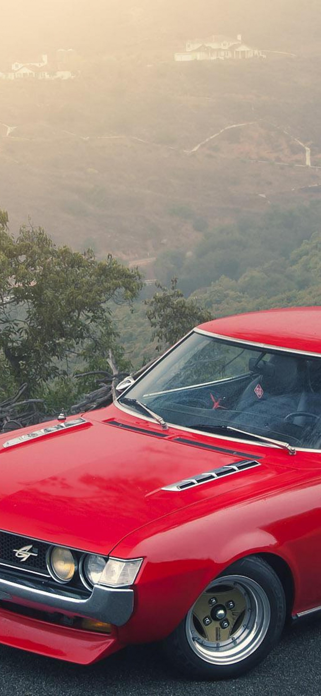 Coupé Rouge Sur Route Asphaltée Grise Pendant la Journée. Wallpaper in 1125x2436 Resolution