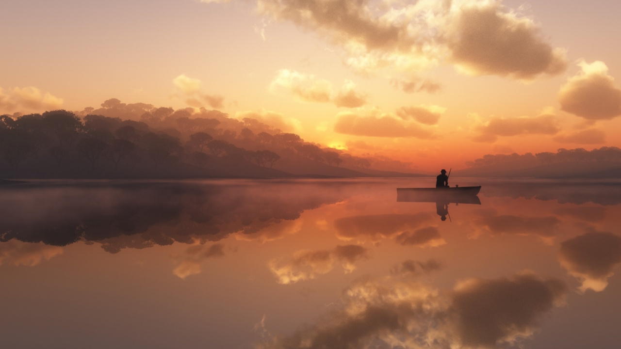 Silueta, De, Hombre, Equitación, En, Barco, Durante, Ocaso. Wallpaper in 1280x720 Resolution