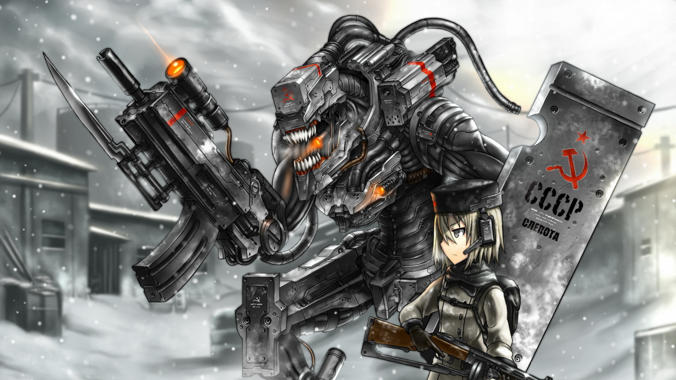 Black and Brown Robot Holding Rifle. Wallpaper in 1366x768 Resolution