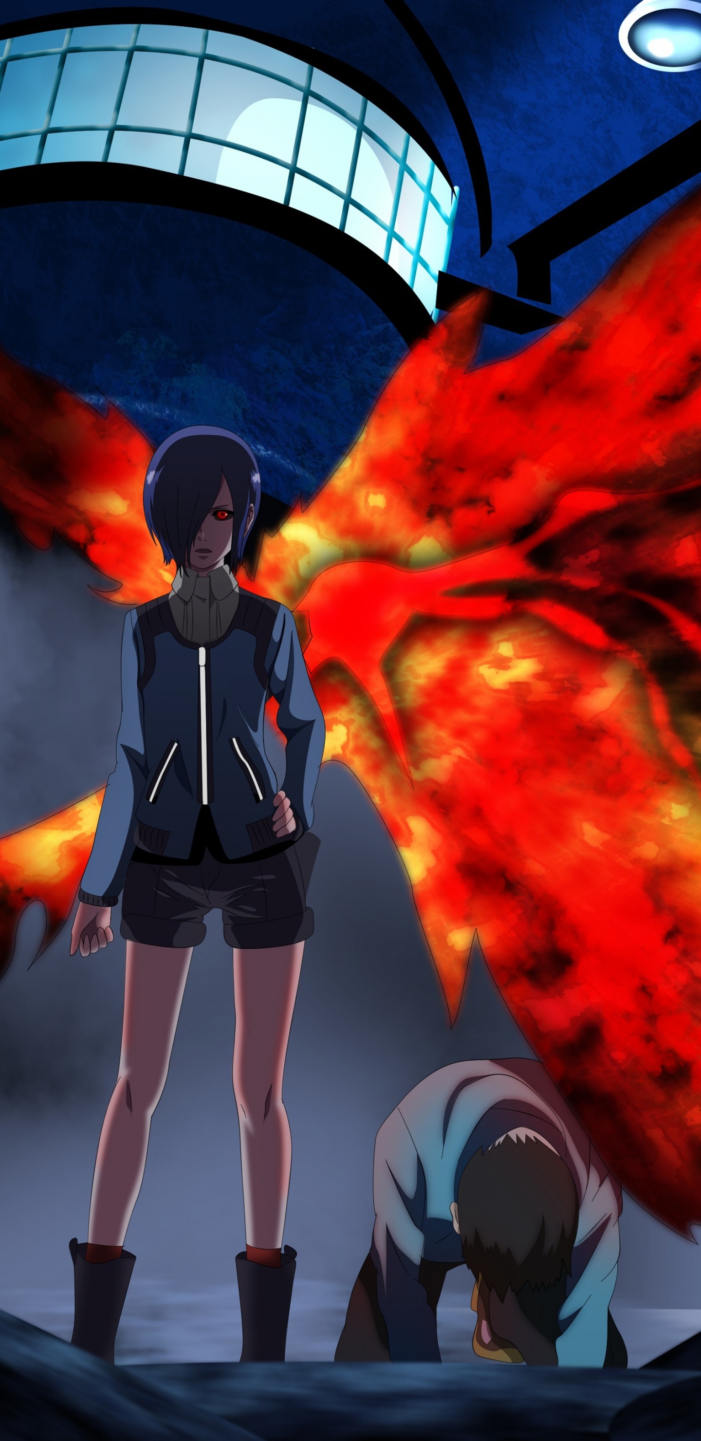 Woman in Black and White Long Sleeve Shirt Standing Near Red and Blue Fire. Wallpaper in 1440x2960 Resolution