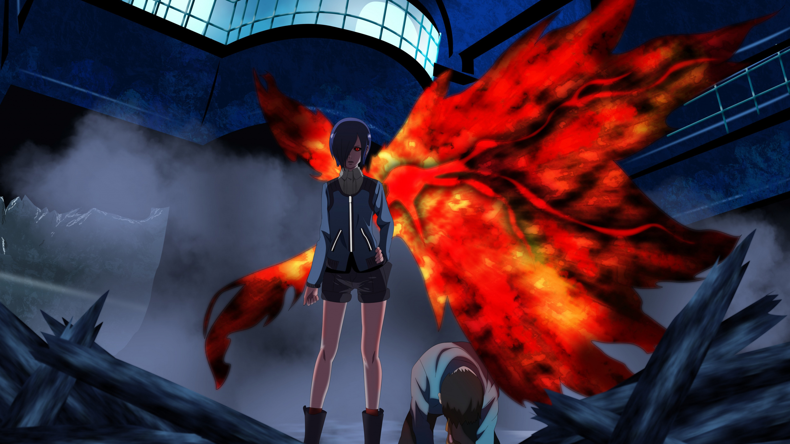 Woman in Black and White Long Sleeve Shirt Standing Near Red and Blue Fire. Wallpaper in 2560x1440 Resolution