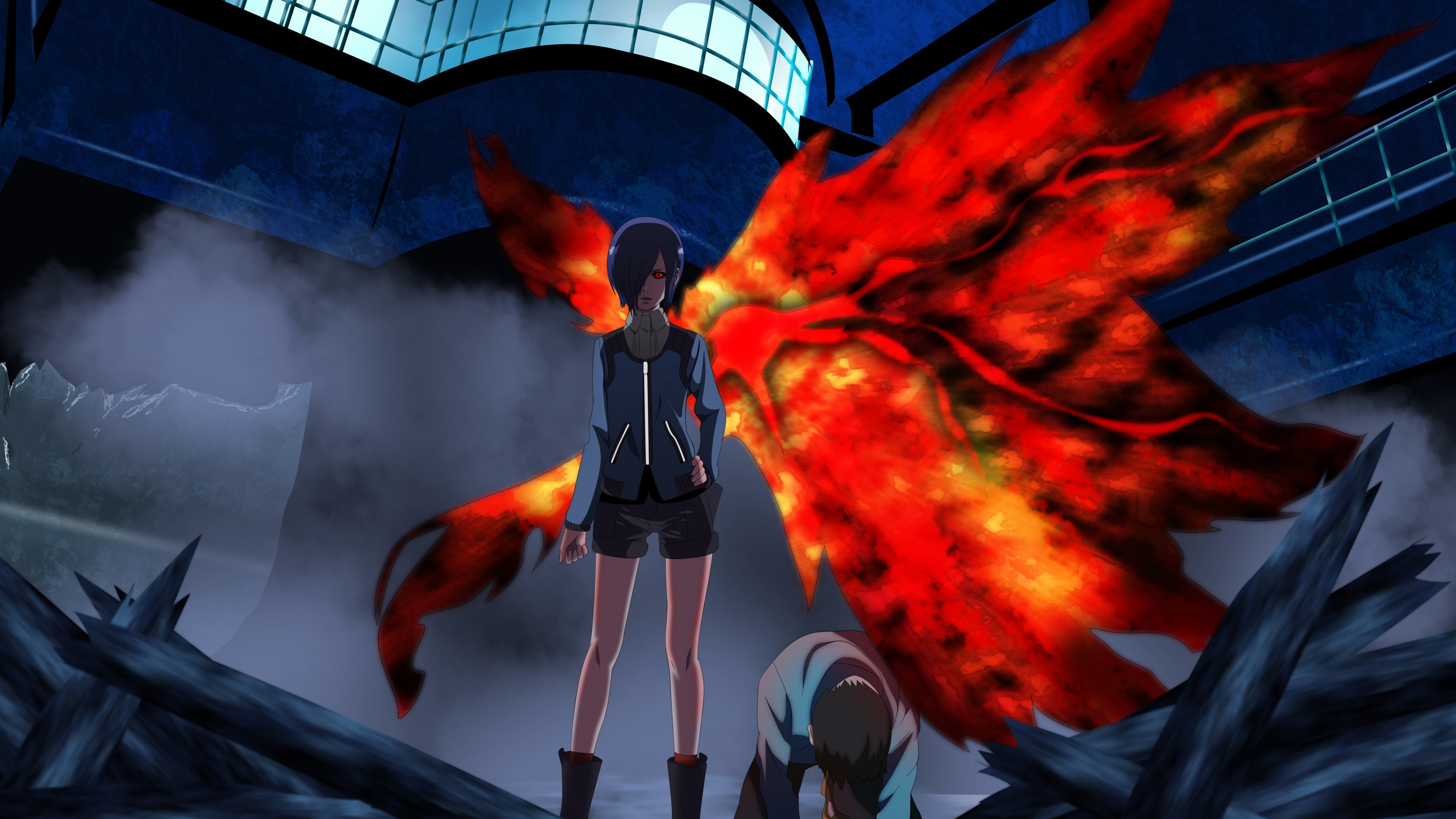 Woman in Black and White Long Sleeve Shirt Standing Near Red and Blue Fire. Wallpaper in 3840x2160 Resolution