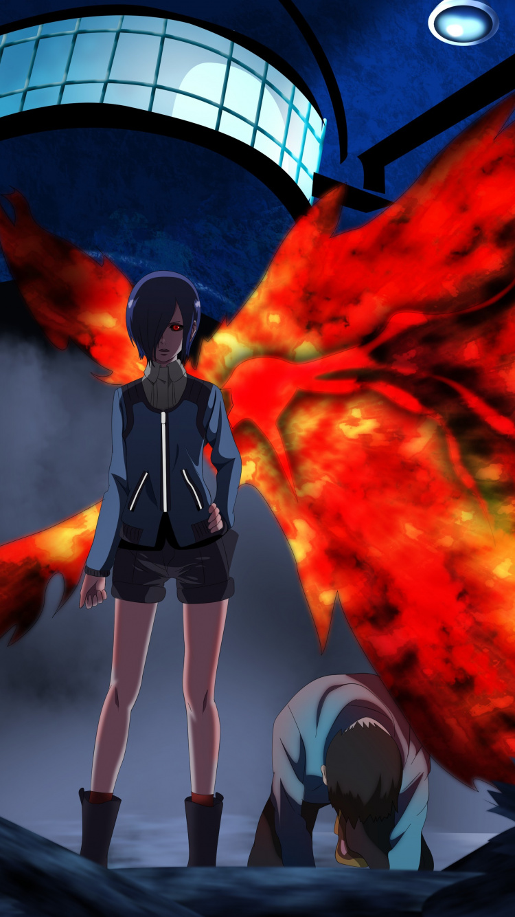 Woman in Black and White Long Sleeve Shirt Standing Near Red and Blue Fire. Wallpaper in 750x1334 Resolution
