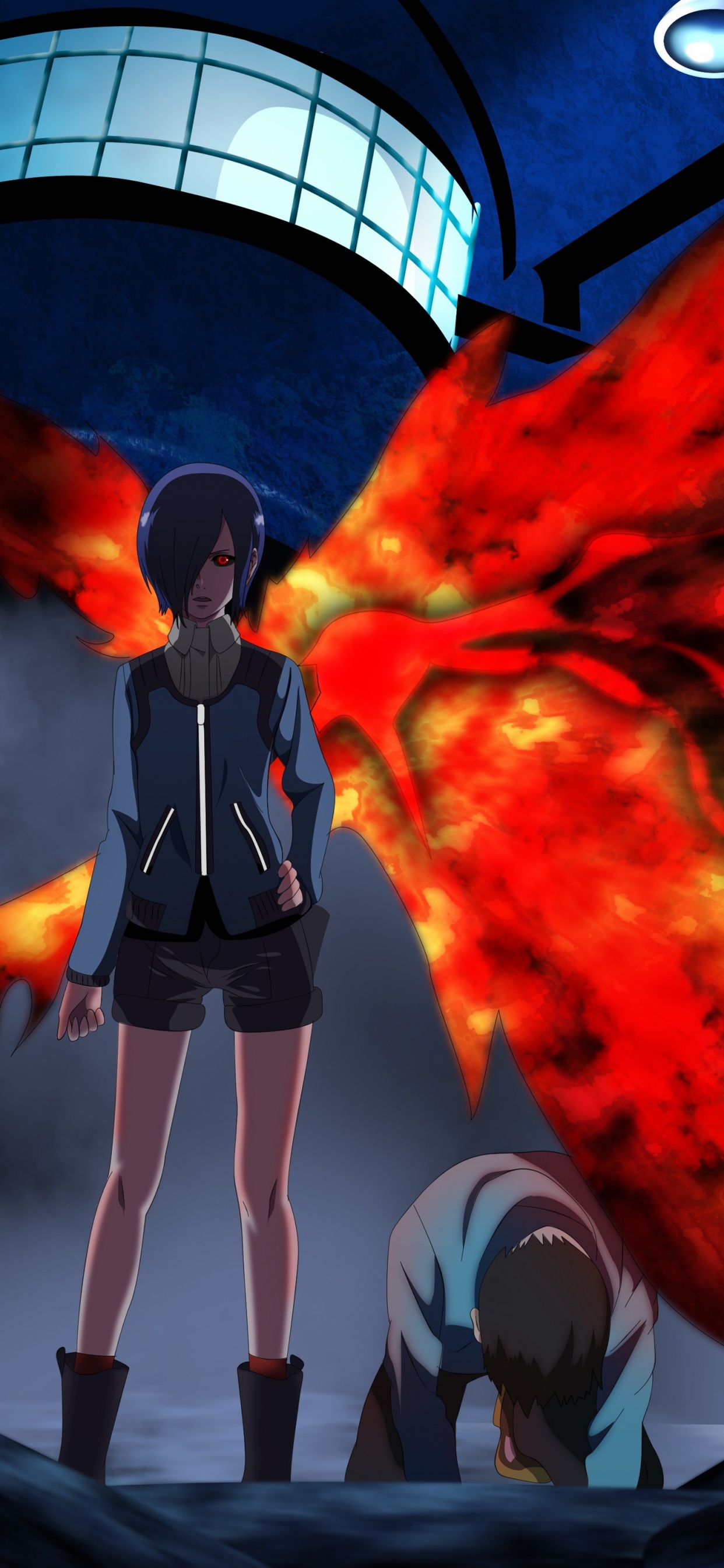Frau in Schwarz-weißem Langarmhemd, Die in Der Nähe Von Rotem Und Blauem Feuer Steht. Wallpaper in 1242x2688 Resolution