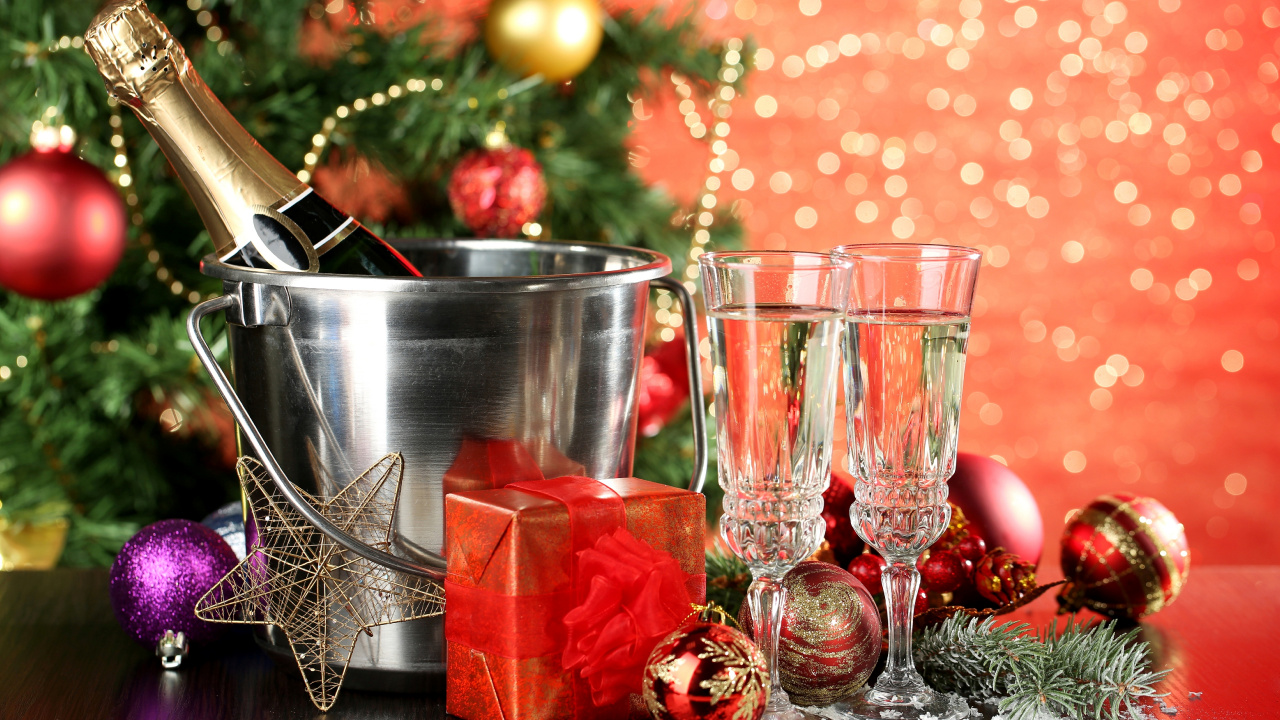 香槟, 新的一年, 圣诞节的装饰品, 圣诞装饰, 圣诞节 壁纸 1280x720 允许