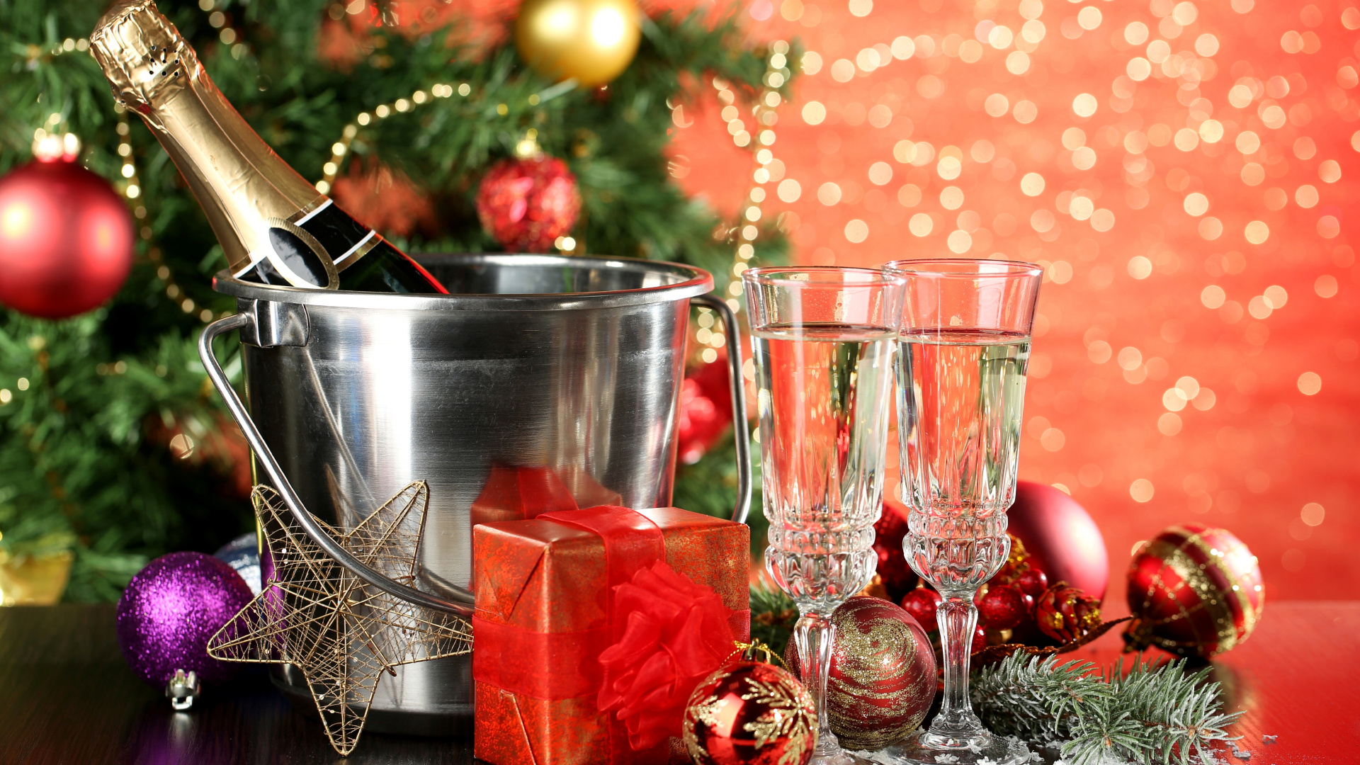 香槟, 新的一年, 圣诞节的装饰品, 圣诞装饰, 圣诞节 壁纸 1920x1080 允许