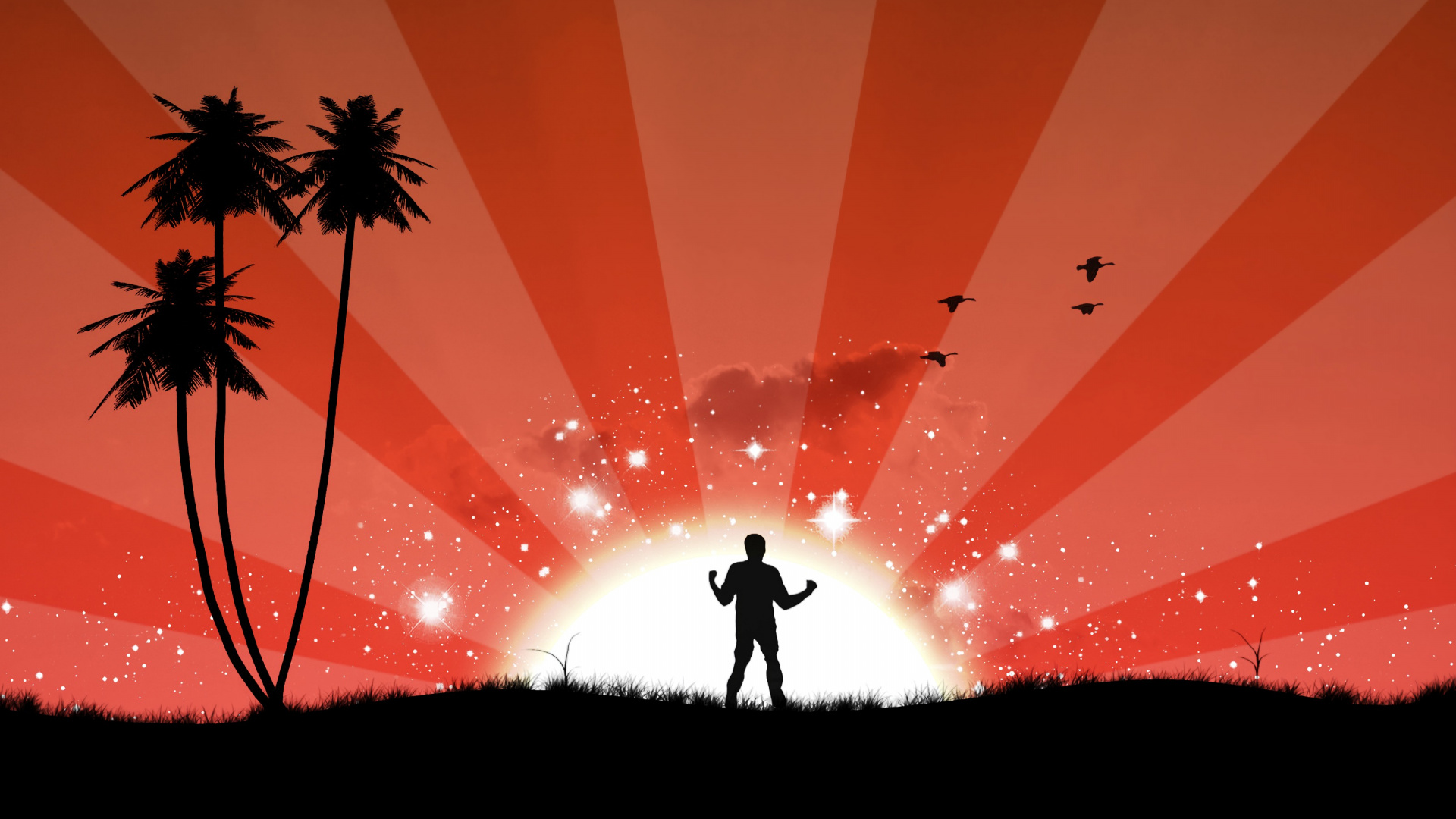 Silhouette of Man Standing on Grass Field Under Red and White Sky. Wallpaper in 1920x1080 Resolution