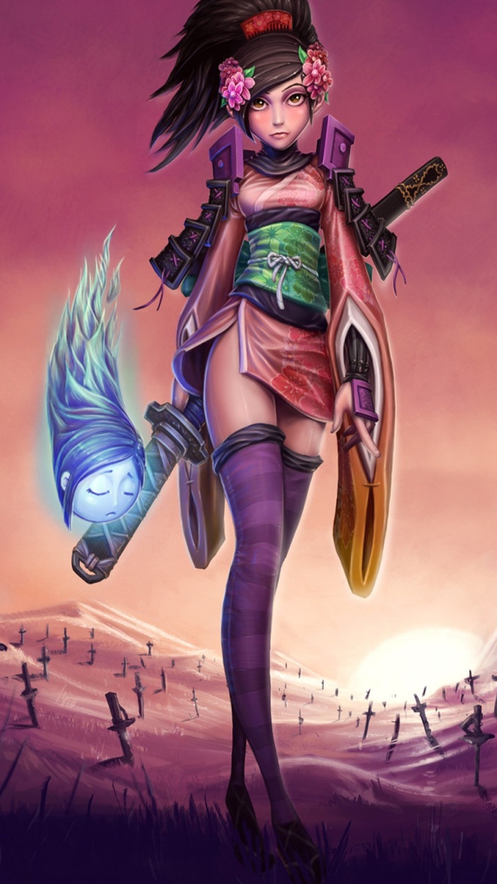 Frau in Blauem Und Rotem Kleid, Die Eine Schwertillustration Hält. Wallpaper in 720x1280 Resolution