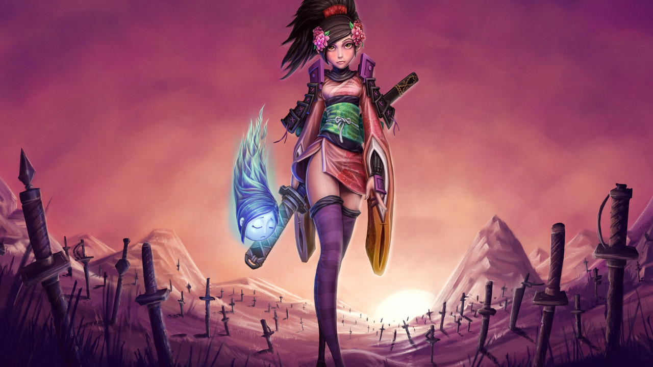 Mujer en Vestido Azul y Rojo Sosteniendo Una Espada Ilustración. Wallpaper in 1280x720 Resolution