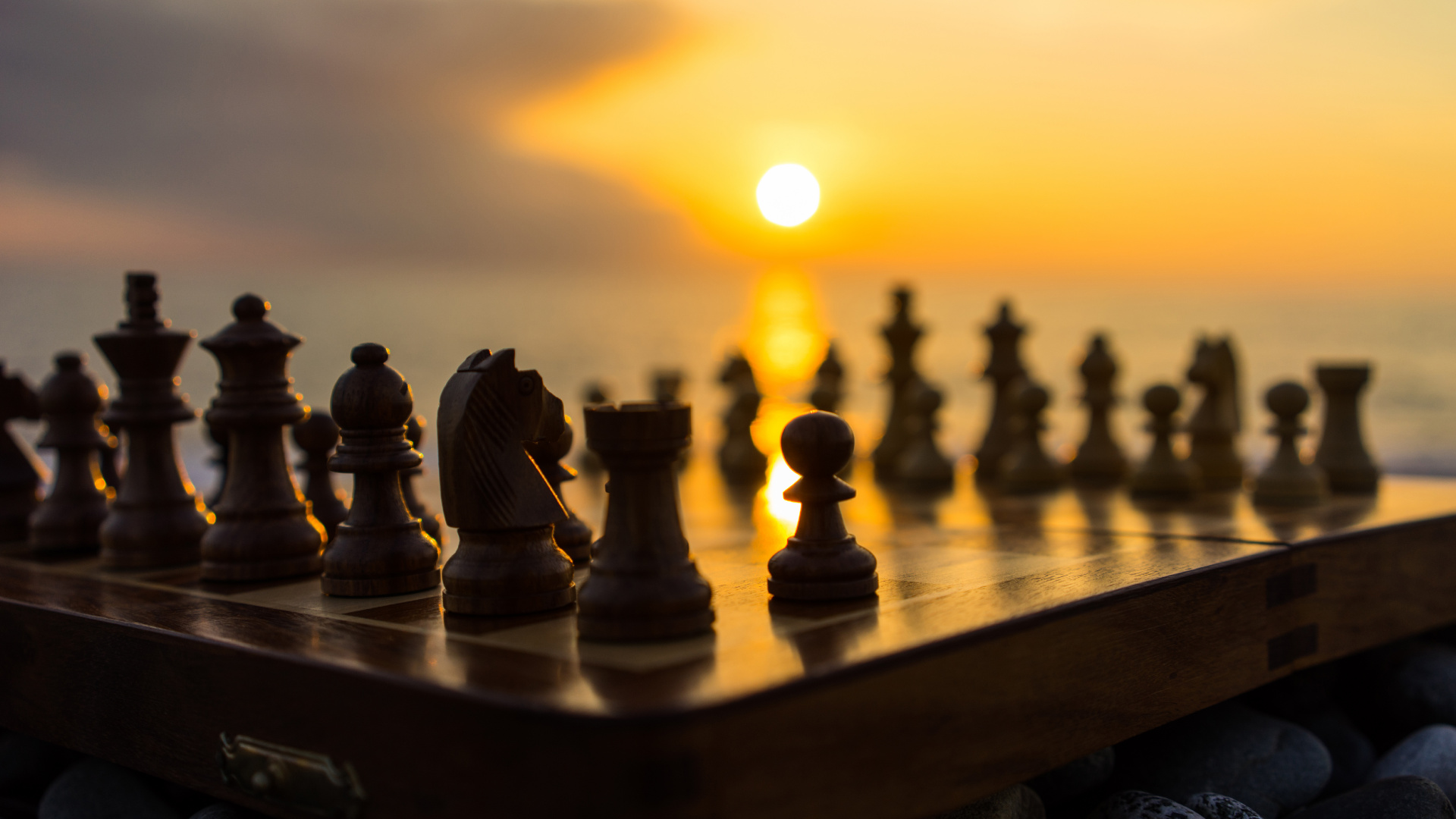 Chess Pieces on Wooden Table During Sunset. Wallpaper in 1920x1080 Resolution