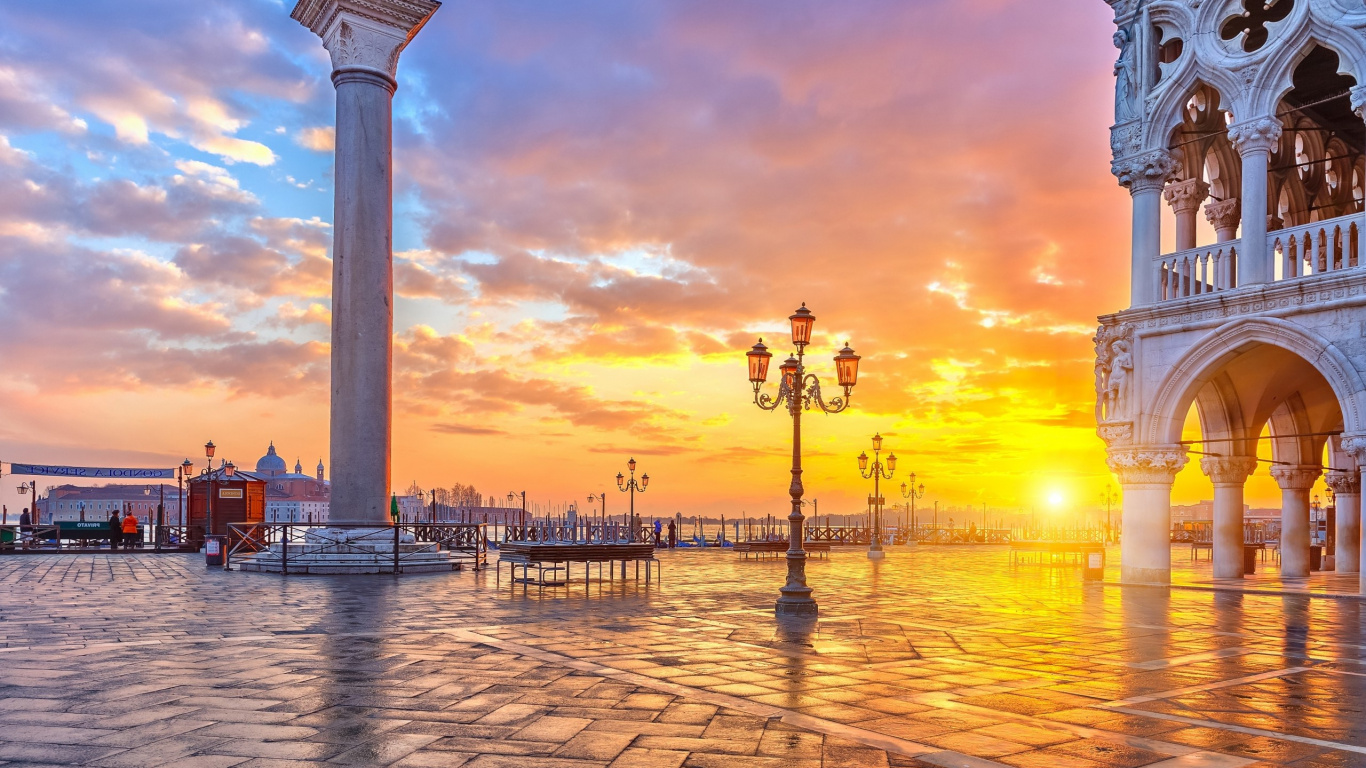 里程碑, 日落, 晚上, 反射, Piazza San Marco 壁纸 1366x768 允许