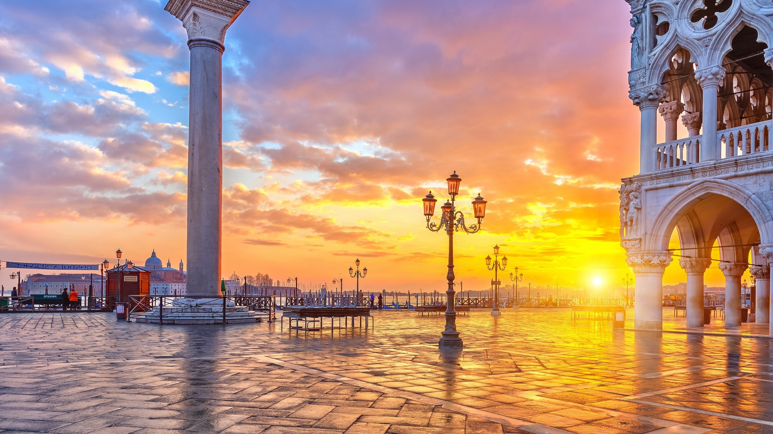 里程碑, 日落, 晚上, 反射, Piazza San Marco 壁纸 2560x1440 允许