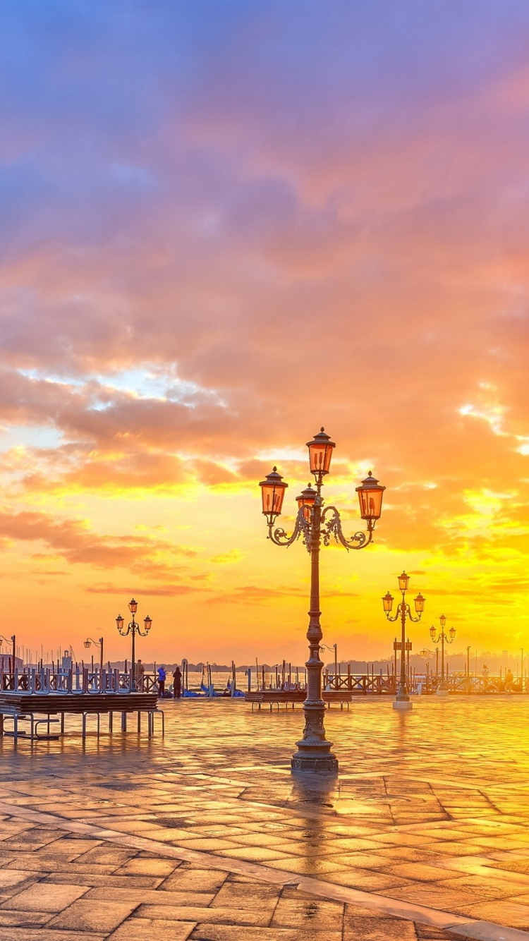 里程碑, 日落, 晚上, 反射, Piazza San Marco 壁纸 750x1334 允许