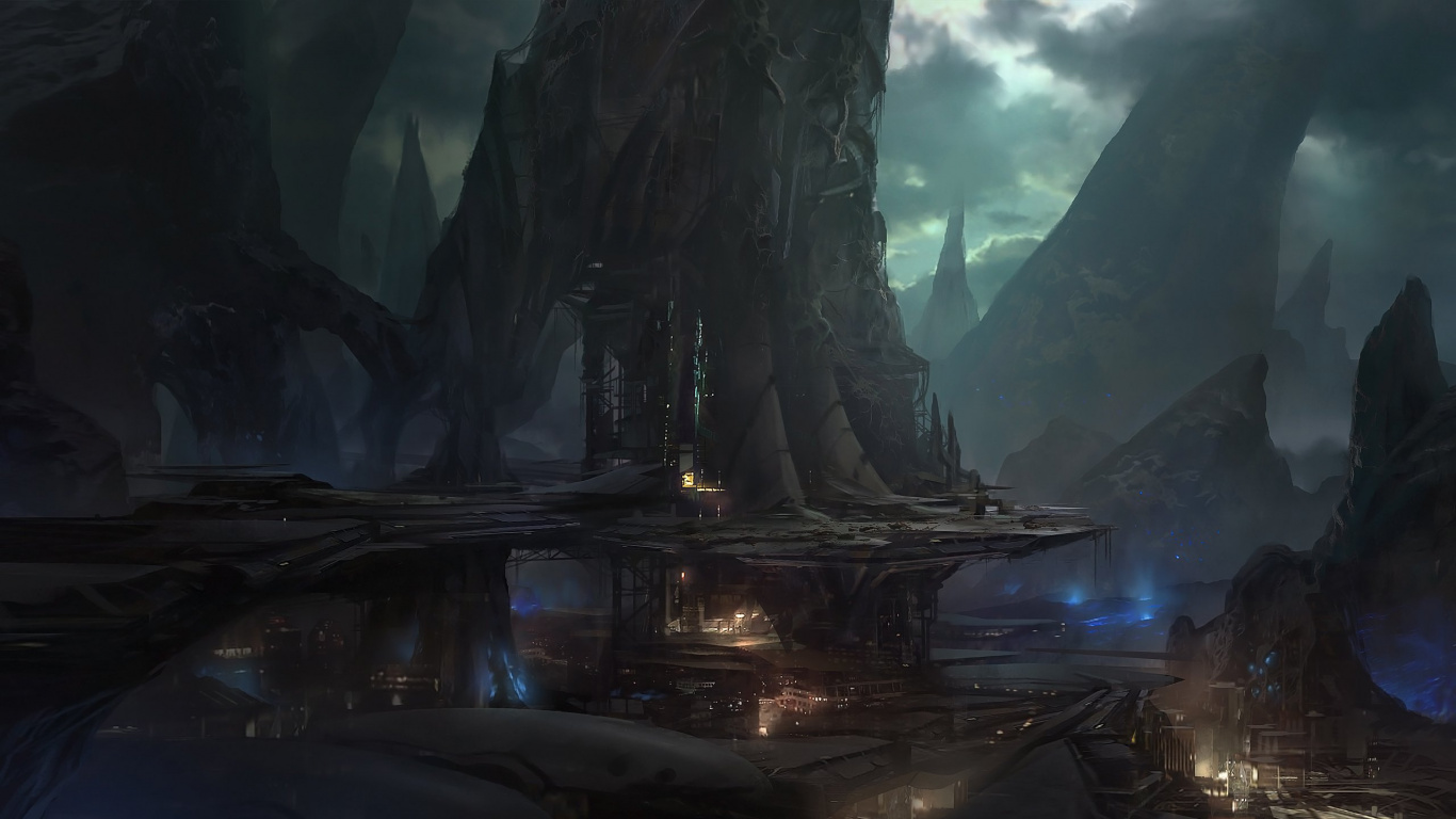 Black and Gray Mountain Painting. Wallpaper in 1366x768 Resolution