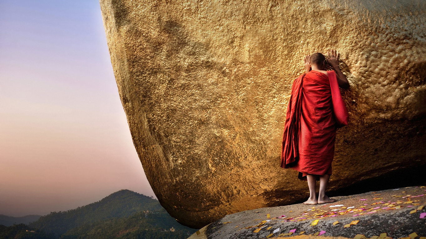 Rock, Gelände, Buddhismus, Morgen, Berg. Wallpaper in 1366x768 Resolution