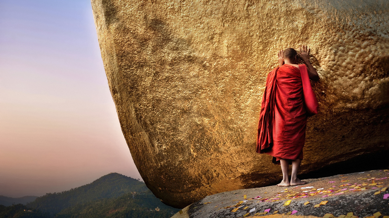 Rock, Terrain, Buddhism, Morning, Cliff. Wallpaper in 1280x720 Resolution