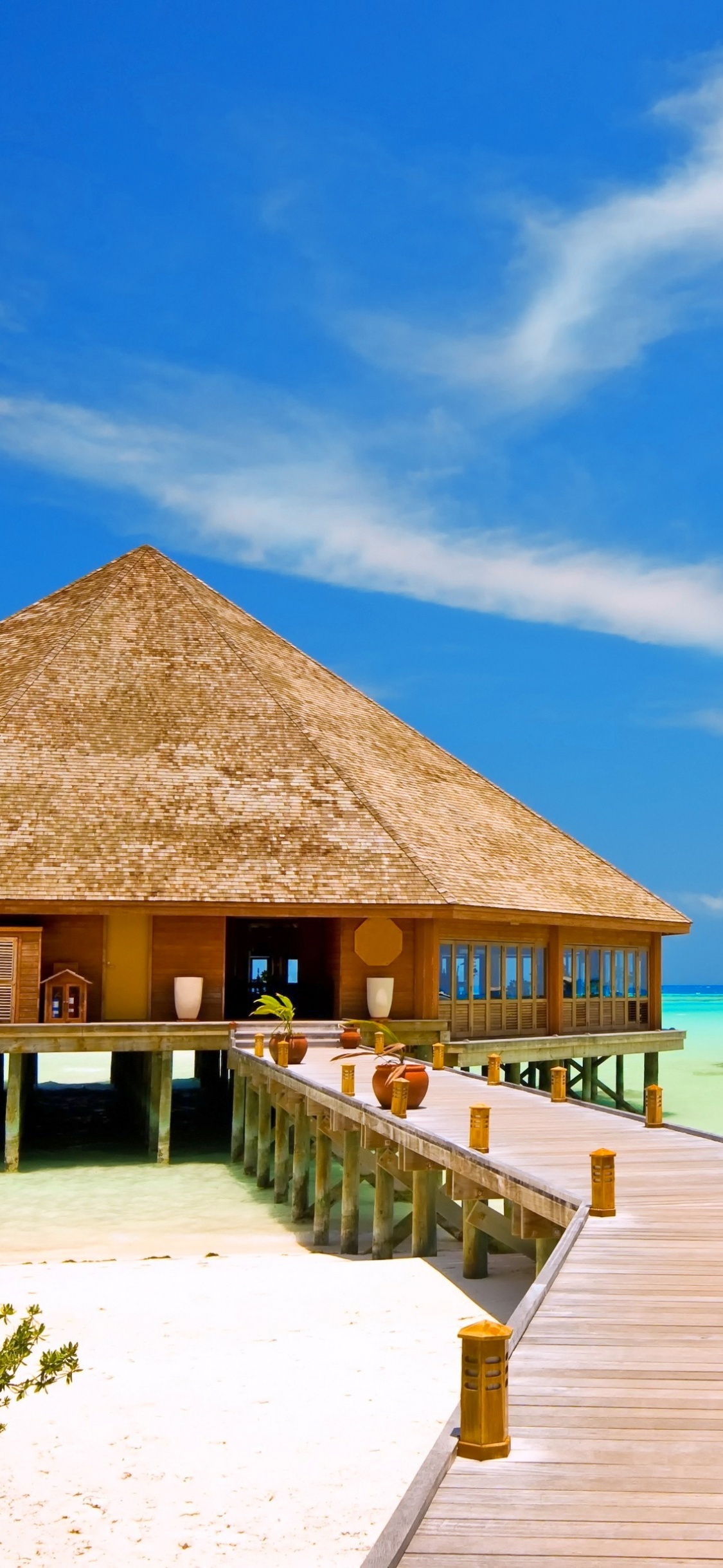 Maison de Plage en Bois Brun Sur la Plage Pendant la Journée. Wallpaper in 1125x2436 Resolution