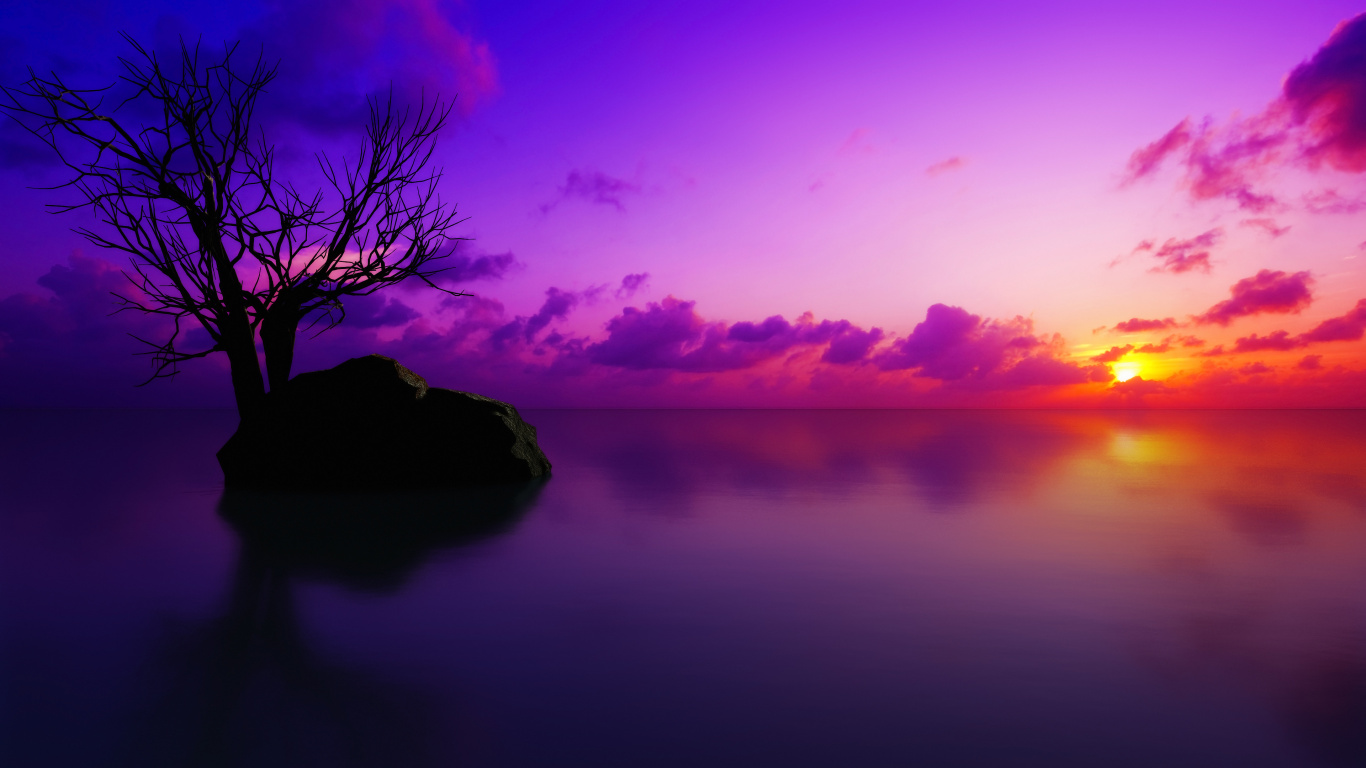 Sunset, Nature, Natural Landscape, Violet, Purple. Wallpaper in 1366x768 Resolution