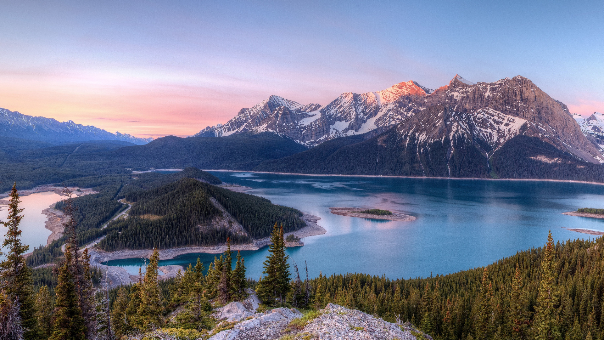 Green Pine Trees Near Lake and Mountains During Daytime. Wallpaper in 1920x1080 Resolution