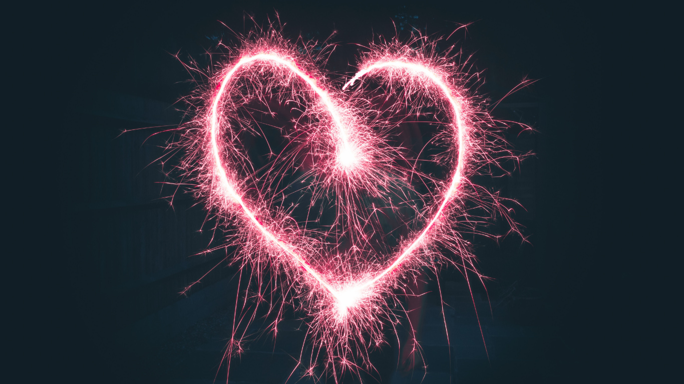 Heart, Romance, Fireworks, Love, Holiday. Wallpaper in 1366x768 Resolution