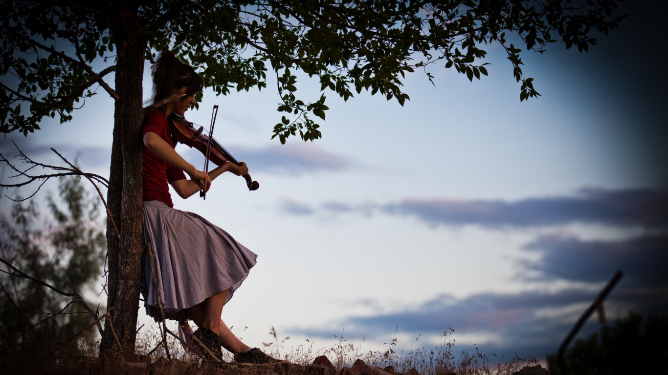 Violin, Tree, Dress, Cloud, Grass. Wallpaper in 1366x768 Resolution