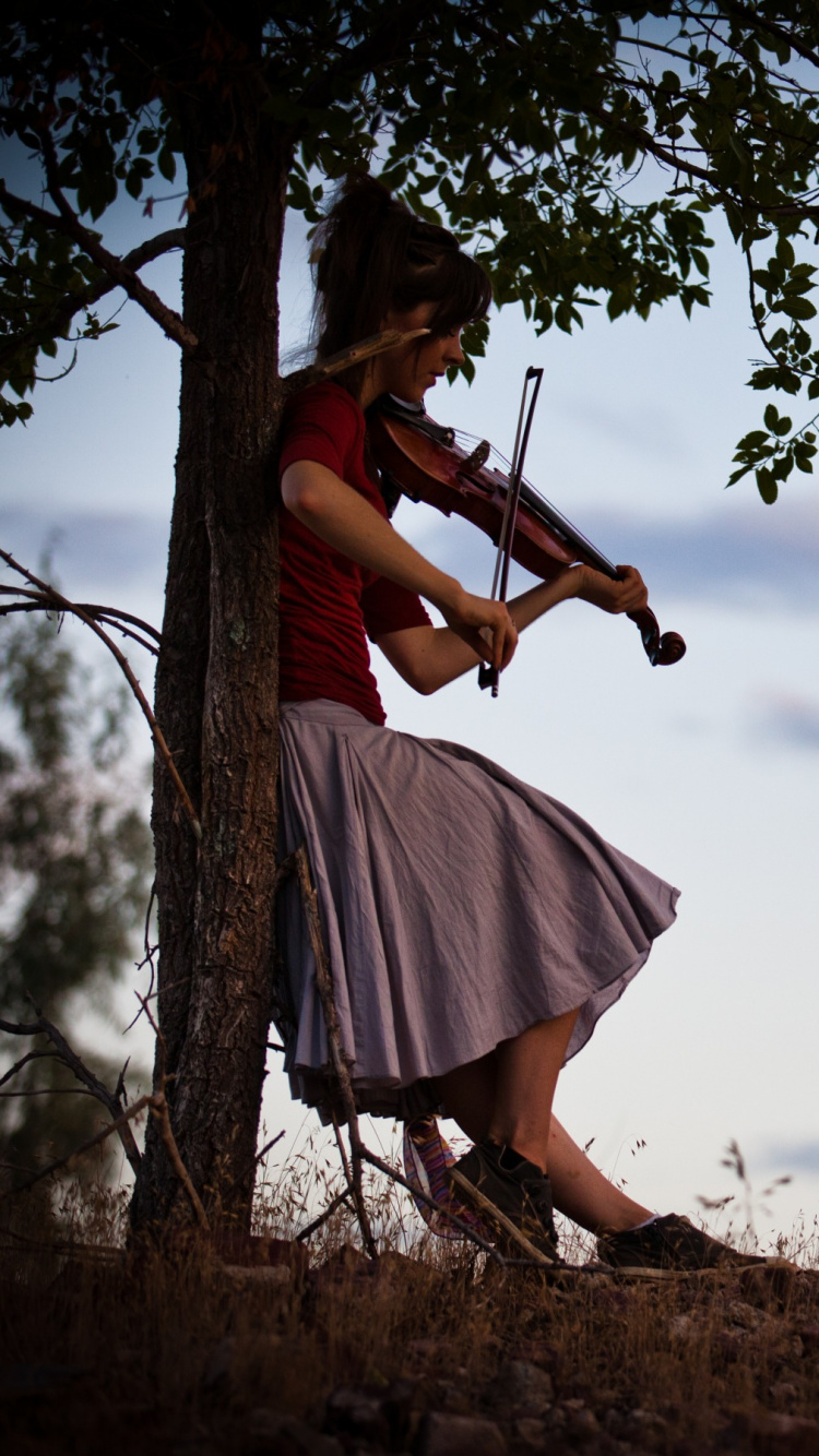 Violin, Tree, Dress, Cloud, Grass. Wallpaper in 750x1334 Resolution