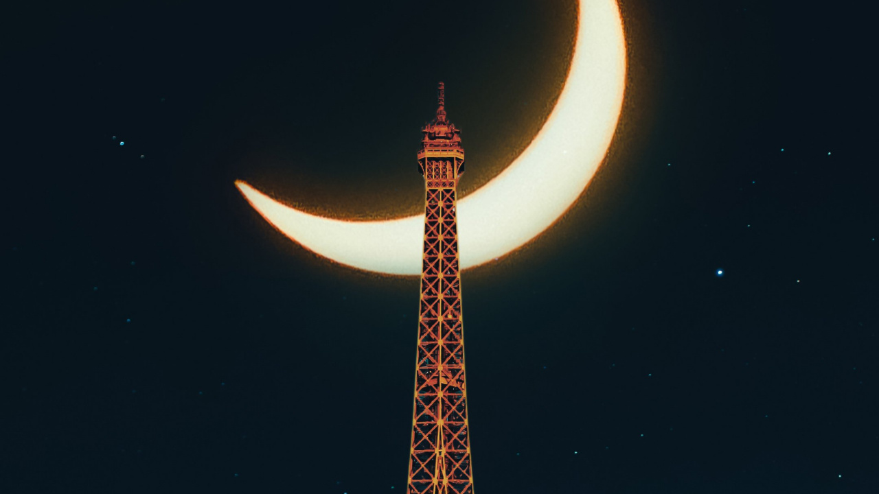 Trocadero-Gärten, Eiffelturm, Atmosphäre, Mond, Licht. Wallpaper in 1280x720 Resolution