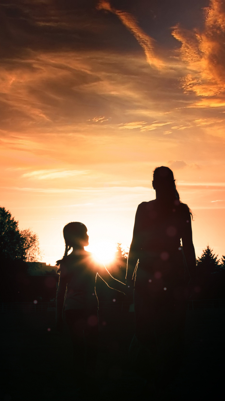 Silhouette, De, Homme Femme, Debout, Sur, Champ Herbe, Pendant, Coucher Soleil. Wallpaper in 750x1334 Resolution