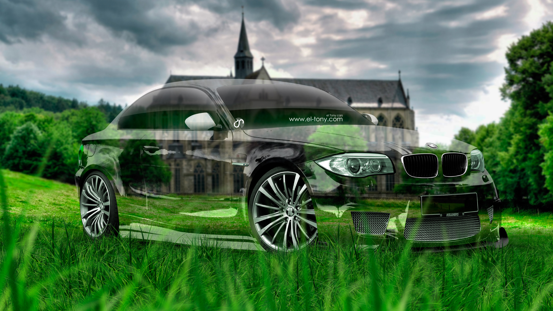 Green Mercedes Benz Coupe on Green Grass Field Near White and Gray Concrete Building During Daytime. Wallpaper in 1920x1080 Resolution