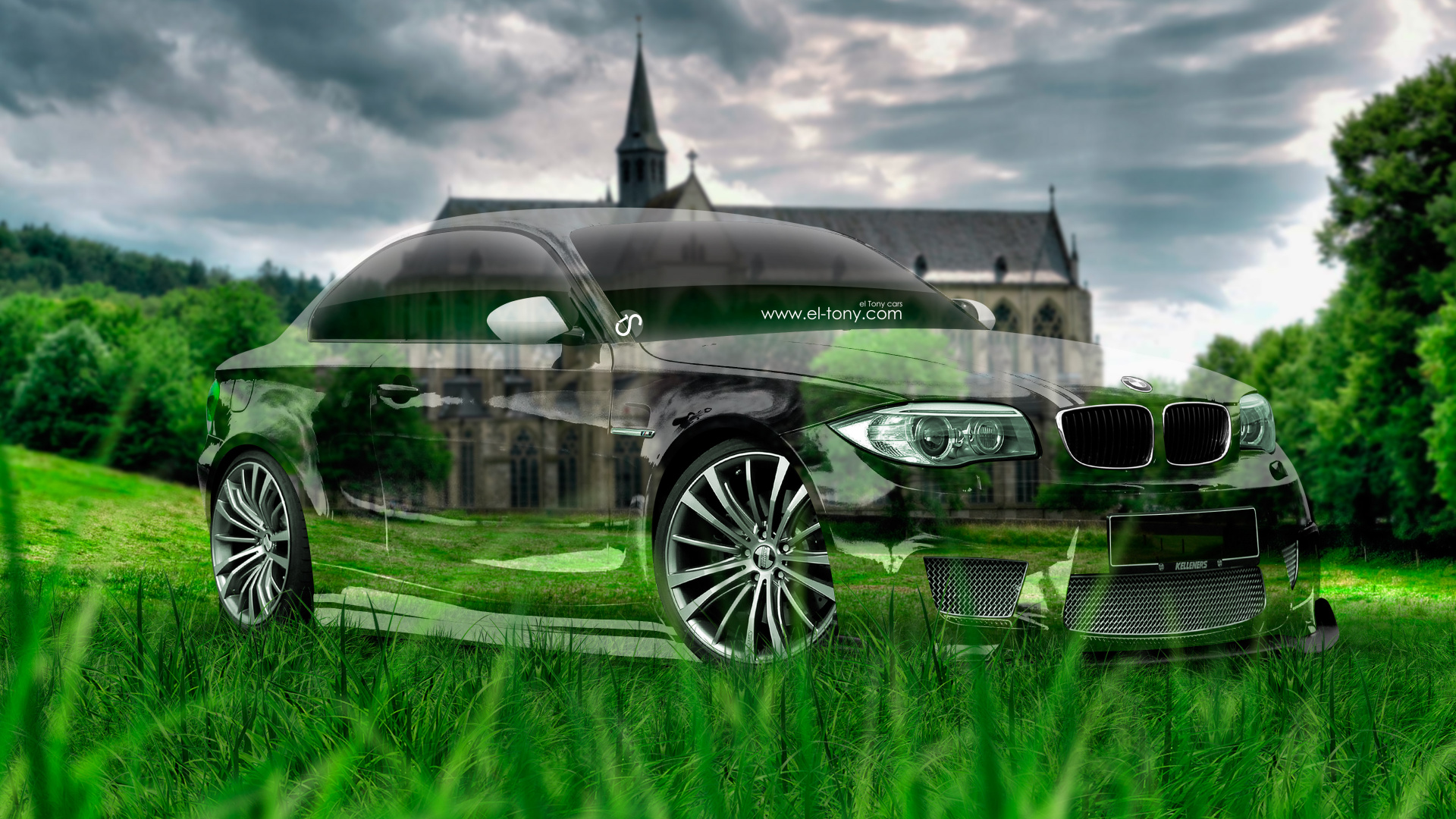 Mercedes Benz Coupé Vert Sur Terrain D'herbe Verte Près D'un Bâtiment en Béton Blanc et Gris Pendant la Journée. Wallpaper in 1920x1080 Resolution
