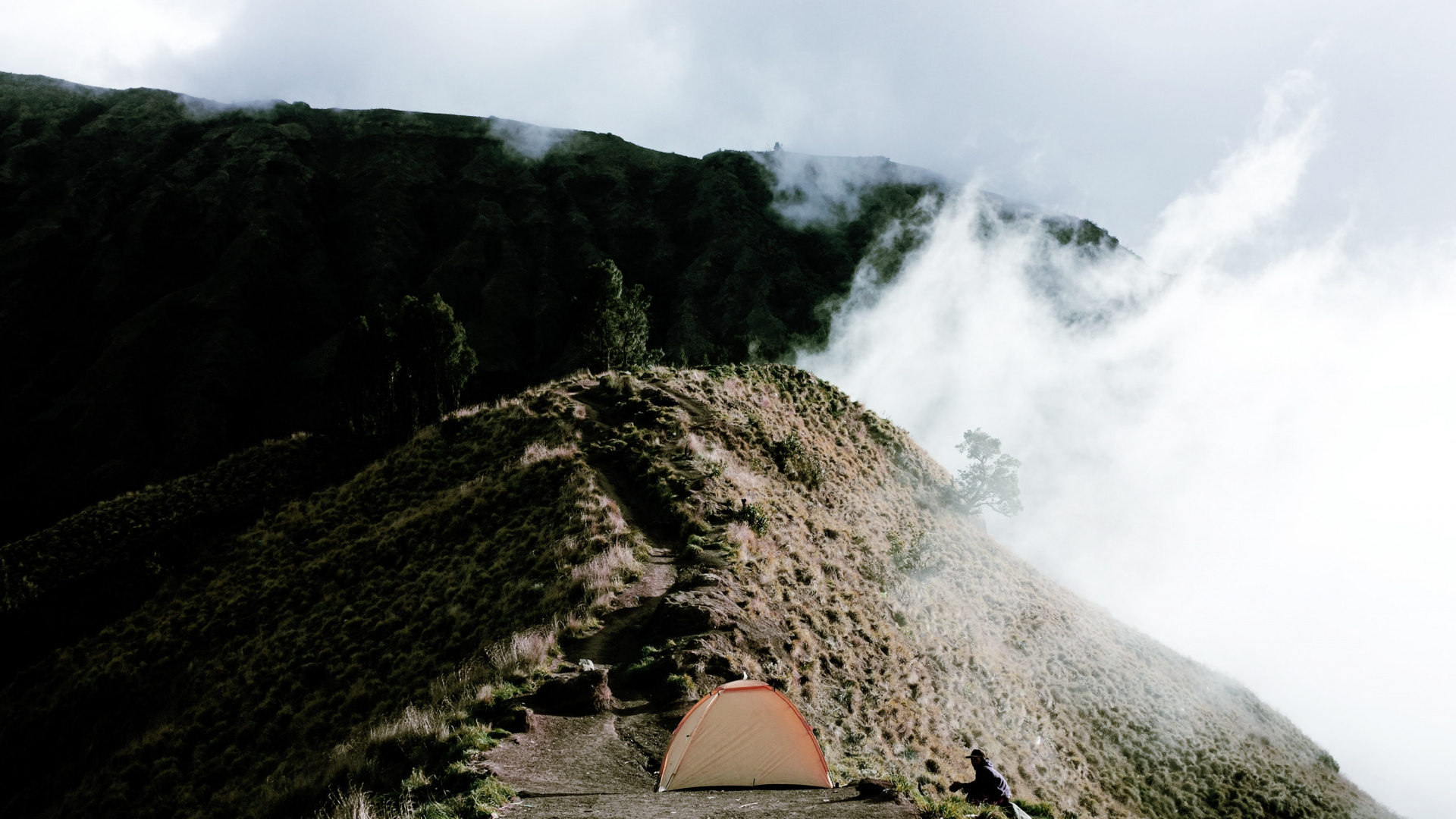 Orange Dome Tent on Brown and Green Mountain. Wallpaper in 1920x1080 Resolution