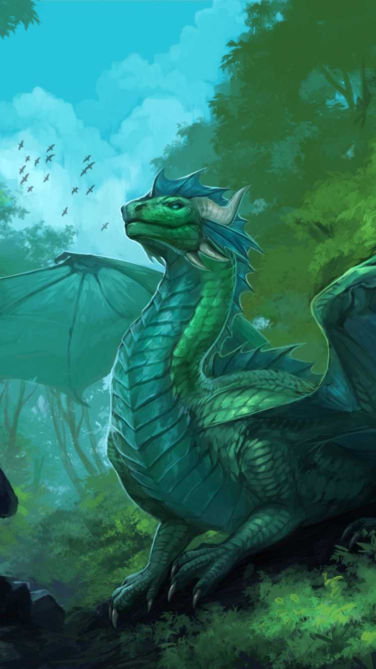 Fire Green Dragon, Dragon, Painting, Dungeons Dragons, Chinese Dragon. Wallpaper in 750x1334 Resolution