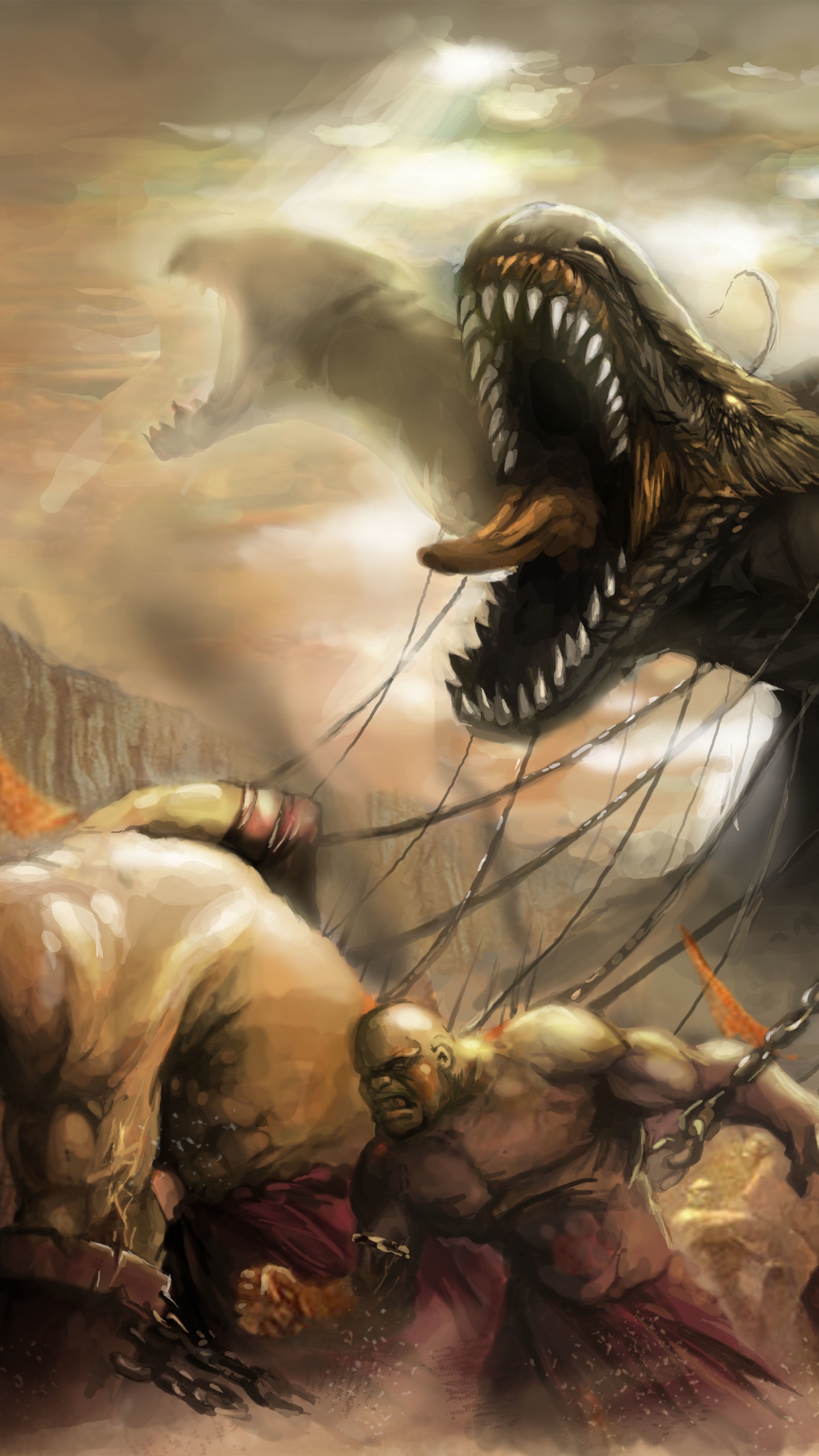 Frau im Braunen Kleid Mit Einem Drachen. Wallpaper in 1440x2560 Resolution