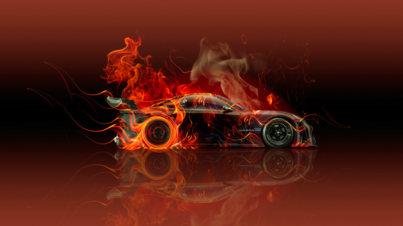 Black and Orange Car With Orange Smoke. Wallpaper in 1366x768 Resolution