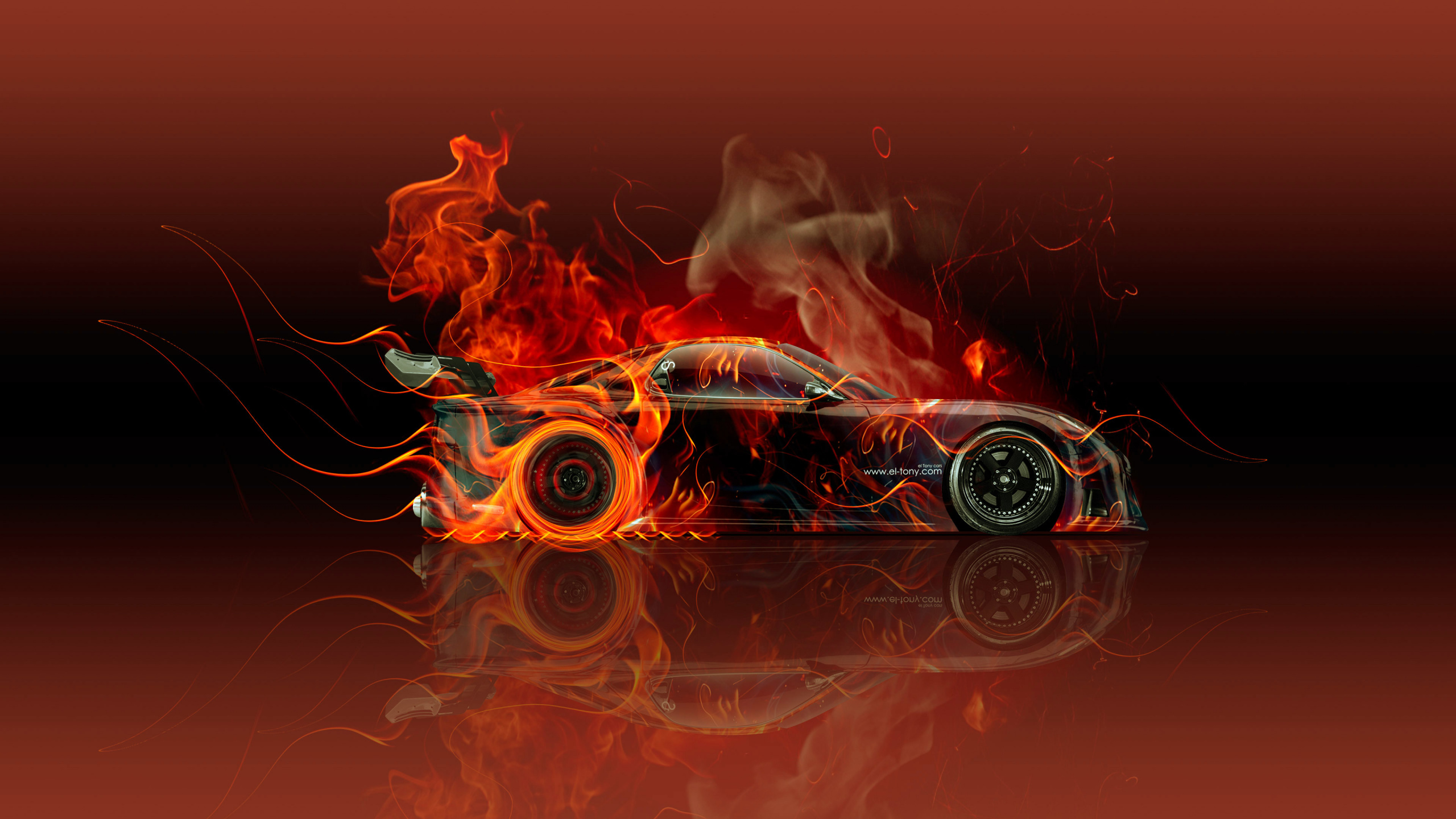 Black and Orange Car With Orange Smoke. Wallpaper in 2560x1440 Resolution