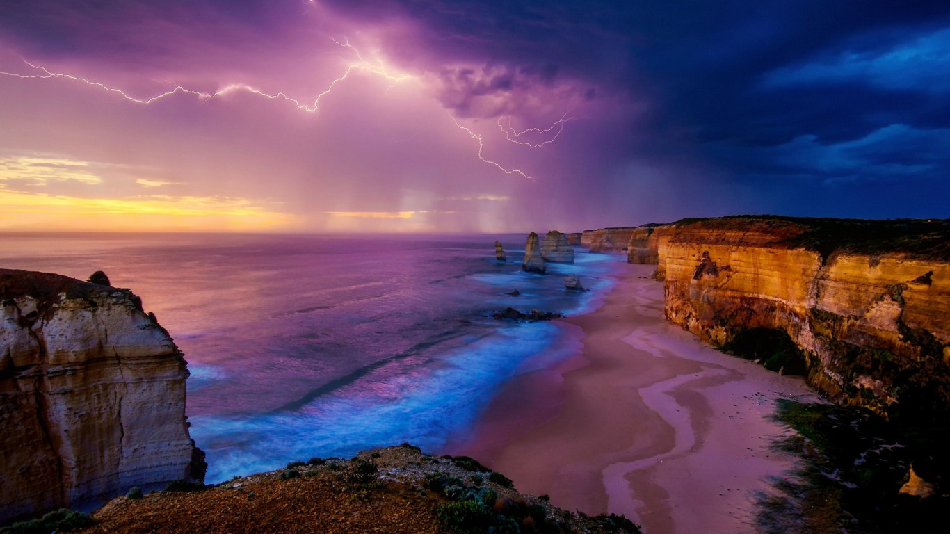 雷雨, 大海, 岸边, 海岸, 风波 壁纸 1366x768 允许