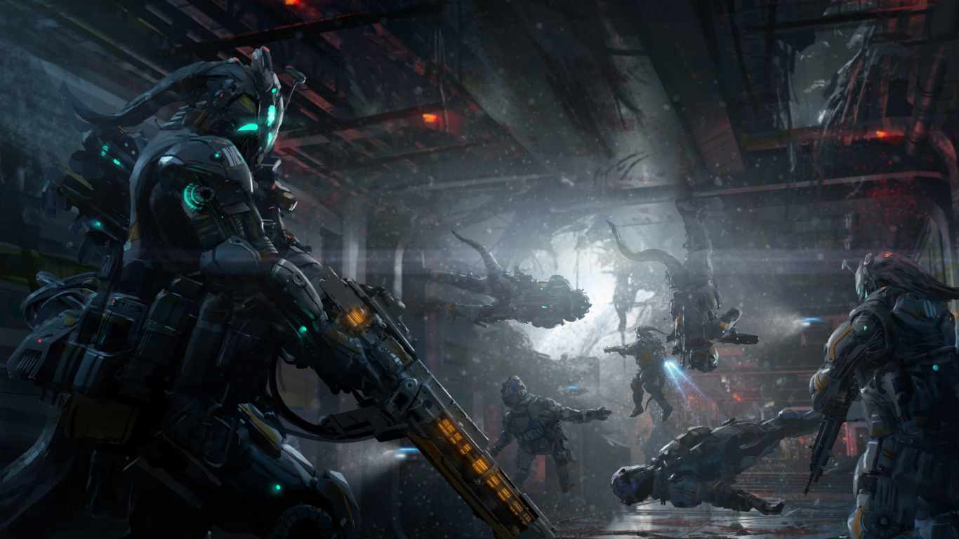 Science-Fiction-Krieger, Science-fiction, Cyborg, Pc-Spiel, Shooter-Spiel. Wallpaper in 1366x768 Resolution