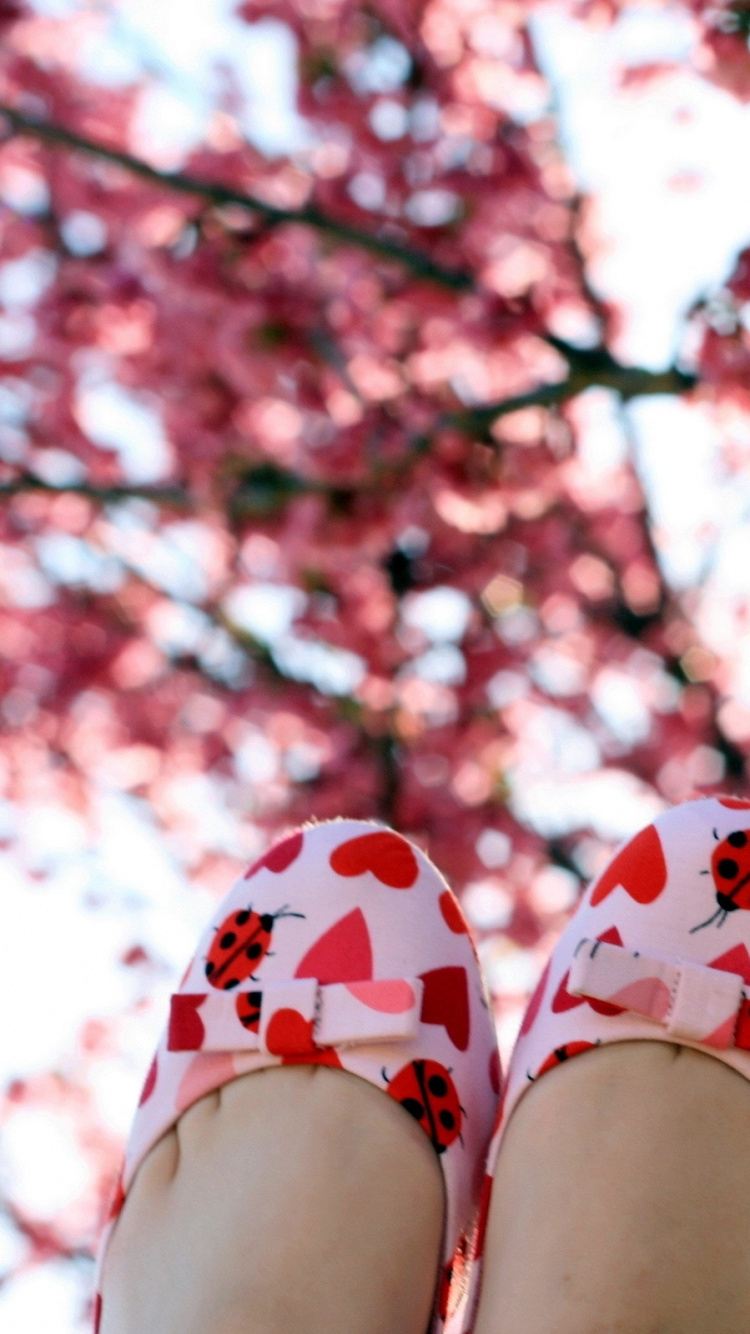 Woman in White and Red Floral Shoes Standing Under Pink Leaf Tree During Daytime. Wallpaper in 750x1334 Resolution