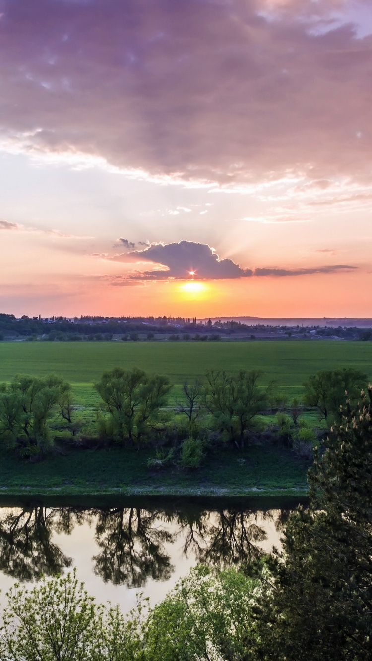 Árboles Verdes Cerca Del Cuerpo de Agua Durante la Puesta de Sol. Wallpaper in 750x1334 Resolution