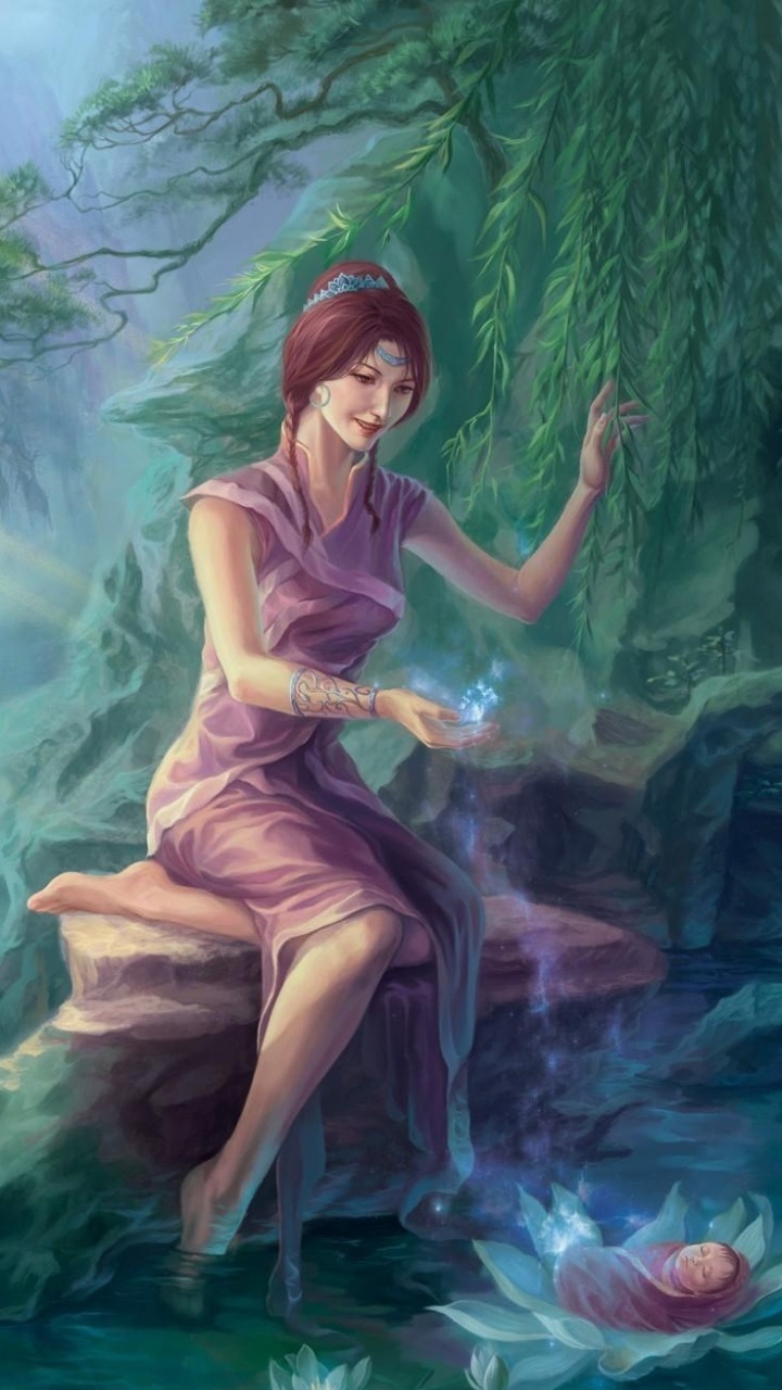 Frau im Gelben Ärmellosen Kleid Sitzt Auf Einem Felsen Mitten im Wasser. Wallpaper in 720x1280 Resolution