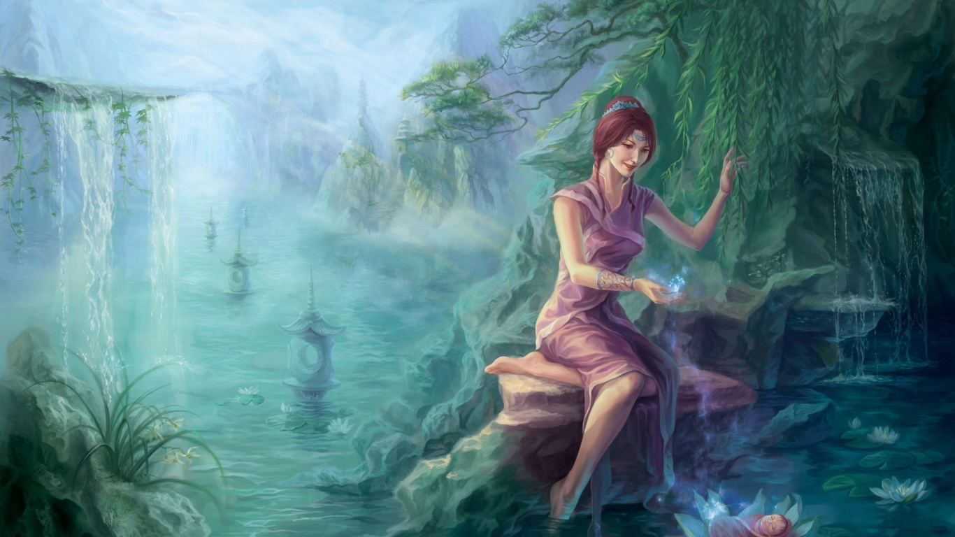 Woman in Yellow Sleeveless Dress Sitting on Rock in The Middle of Water. Wallpaper in 1366x768 Resolution