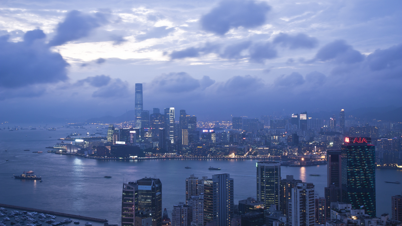 维多利亚港, 城市景观, 城市, 大都会, 天际线 壁纸 1366x768 允许