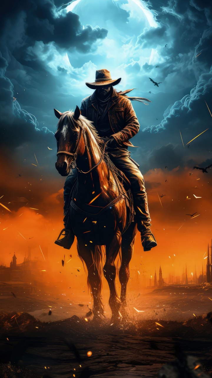 Vaquero, Mustang, Ilustración, Arte, Cartel. Wallpaper in 720x1280 Resolution