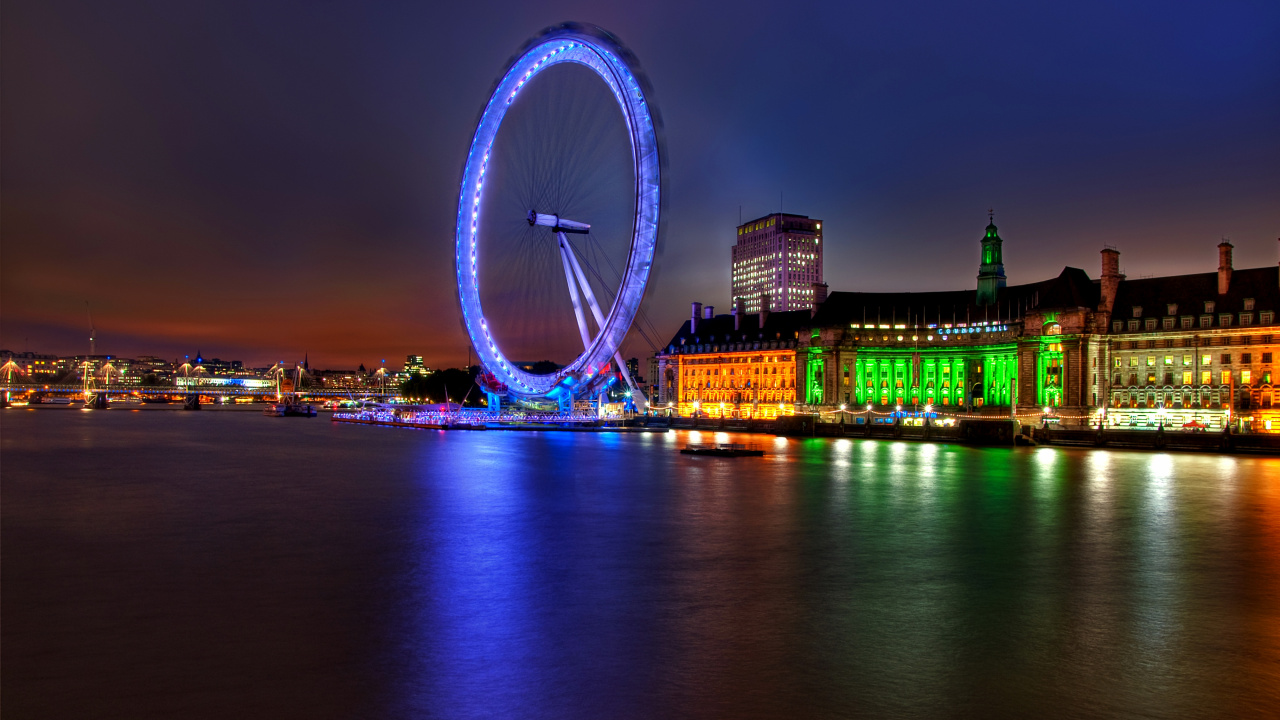 Ferris Wheel Near City Buildings During Night Time. Wallpaper in 1280x720 Resolution