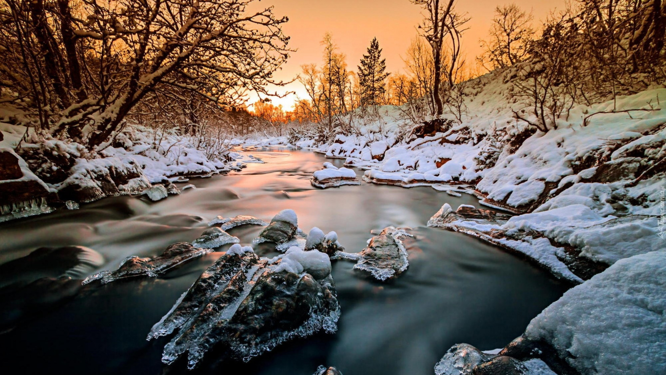 冬天, 日落, 人体内的水, 性质, 流 壁纸 1366x768 允许