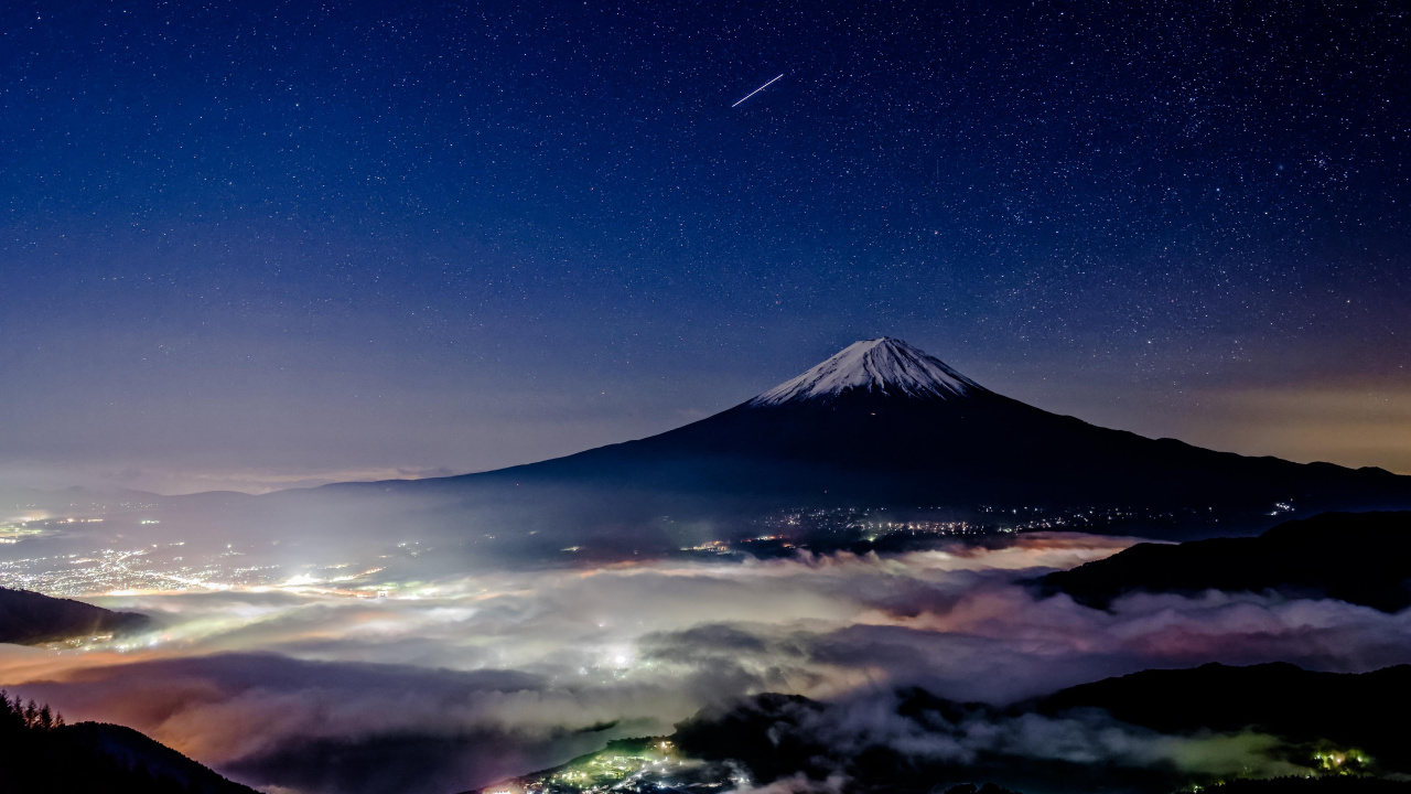 Mount Fuji at Night, Mount Fuji, Mount Scenery, Mountain, Mountain Range. Wallpaper in 1280x720 Resolution