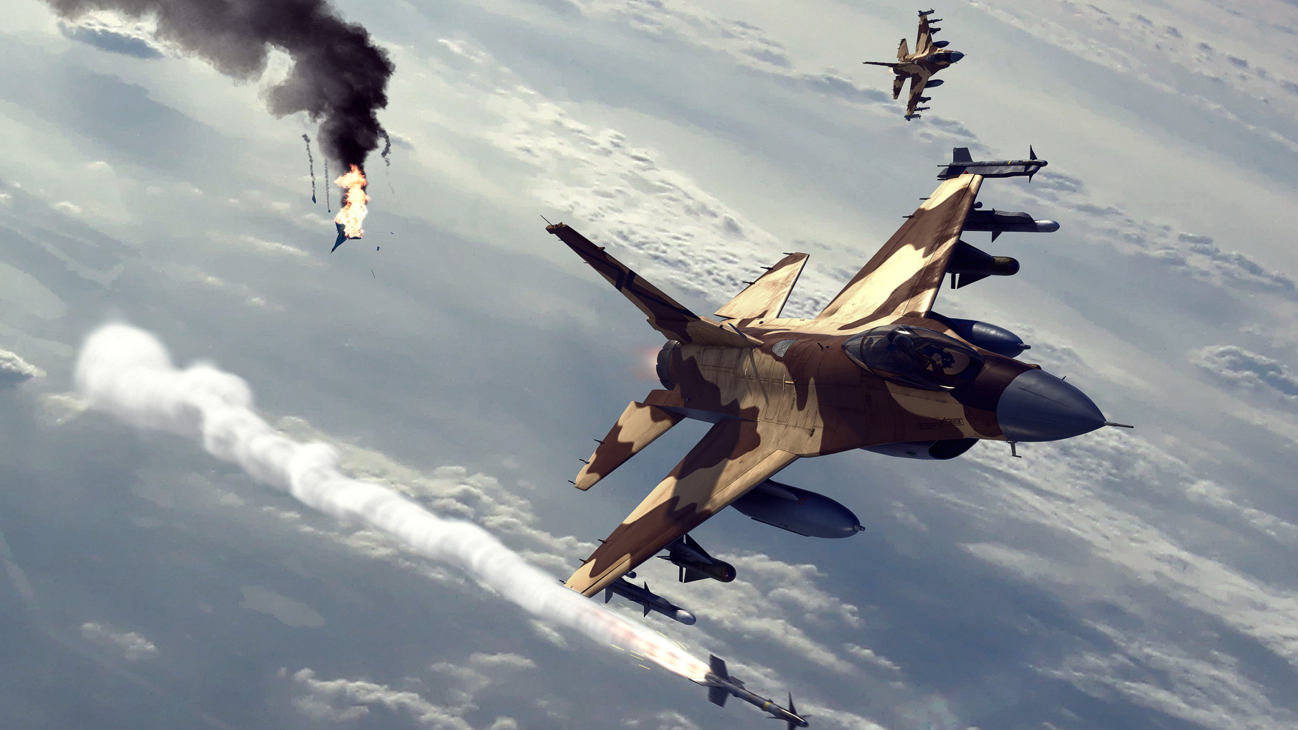 Avión de Combate Marrón en el Cielo. Wallpaper in 2560x1440 Resolution