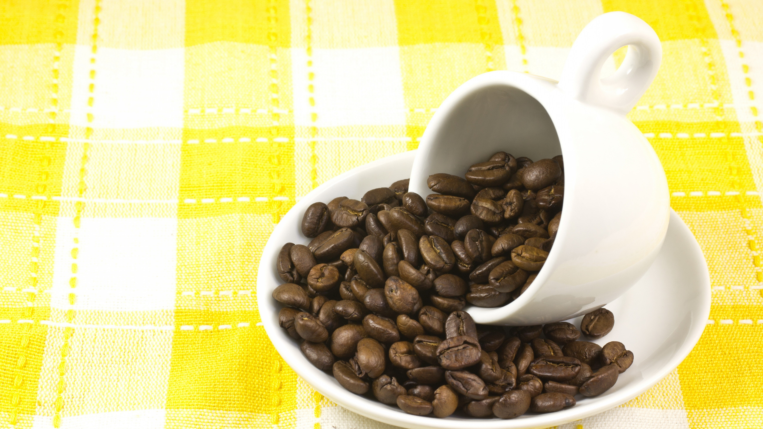 Kaffeebohnen Auf Weißem Keramikbecher. Wallpaper in 2560x1440 Resolution